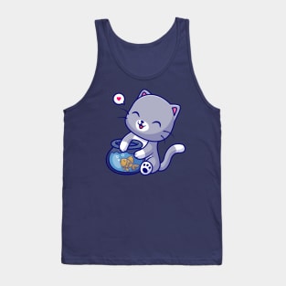 Cute Cat Playing With Fish In Aquarium Cartoon Tank Top